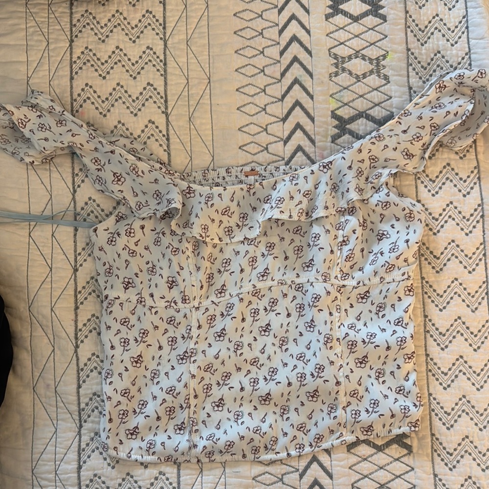 Free People Cream Ruffled Fitted Blouse